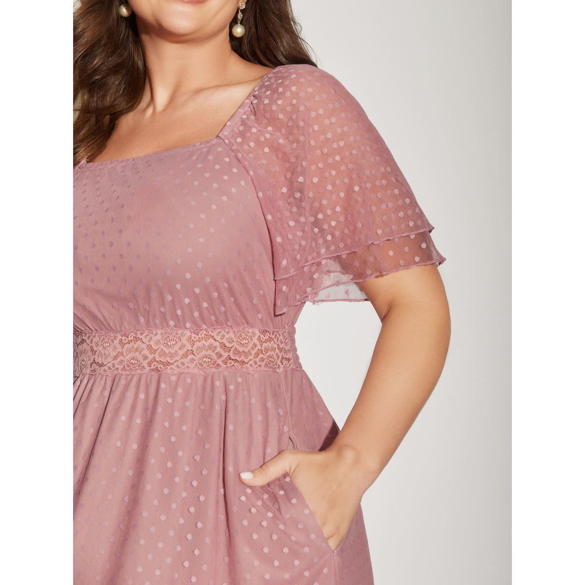 Plus Size Textured Dot Lace Trim Midi Dress Watermelon Women Square Neck Short sleeve Curvy BloomChic 12/L Product Image