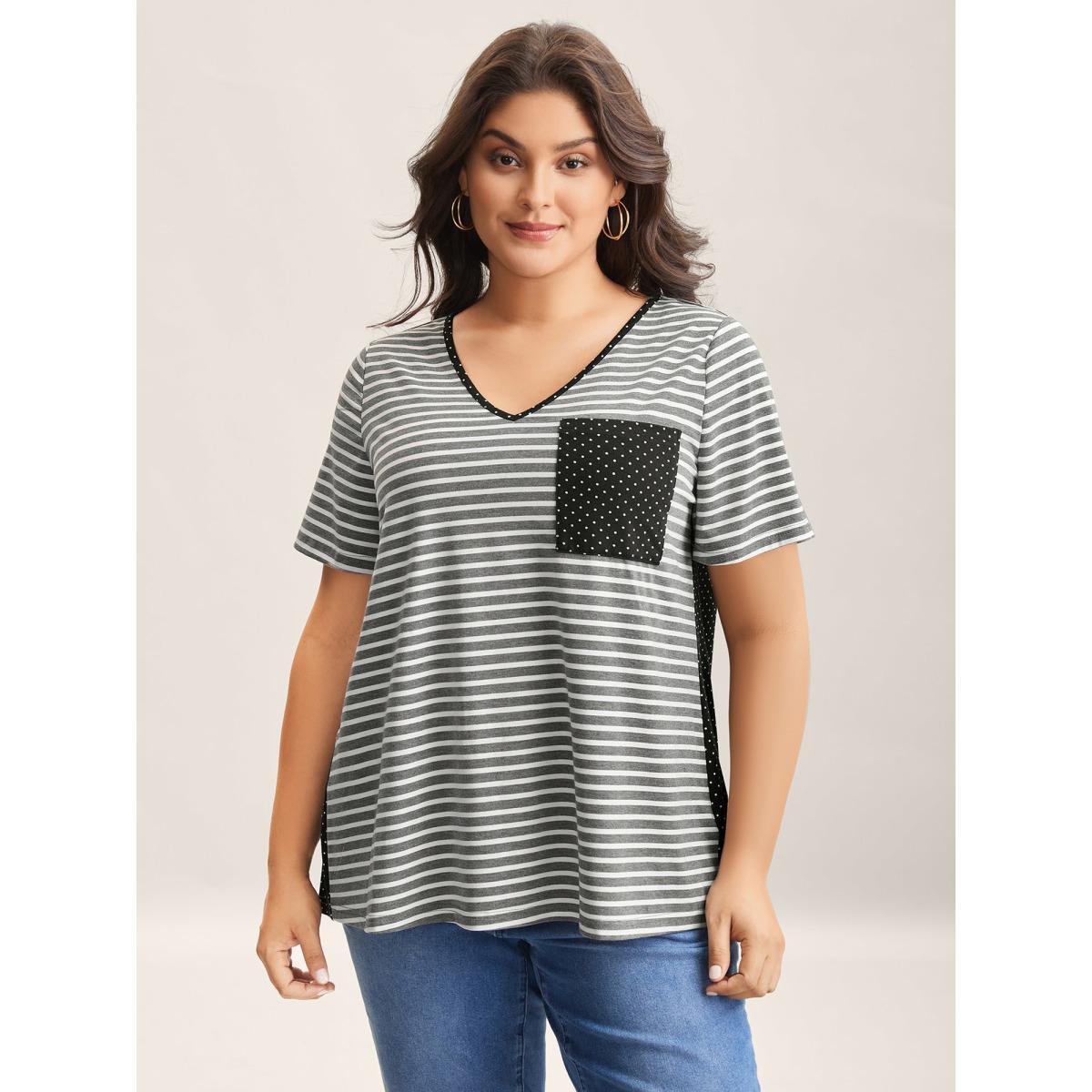 Plus Size Striped Polka Dots Print Pockets T-Shirt DimGray Women Contrast V-neck Everyday-Casual T-shirts BloomChic 10/M Product Image