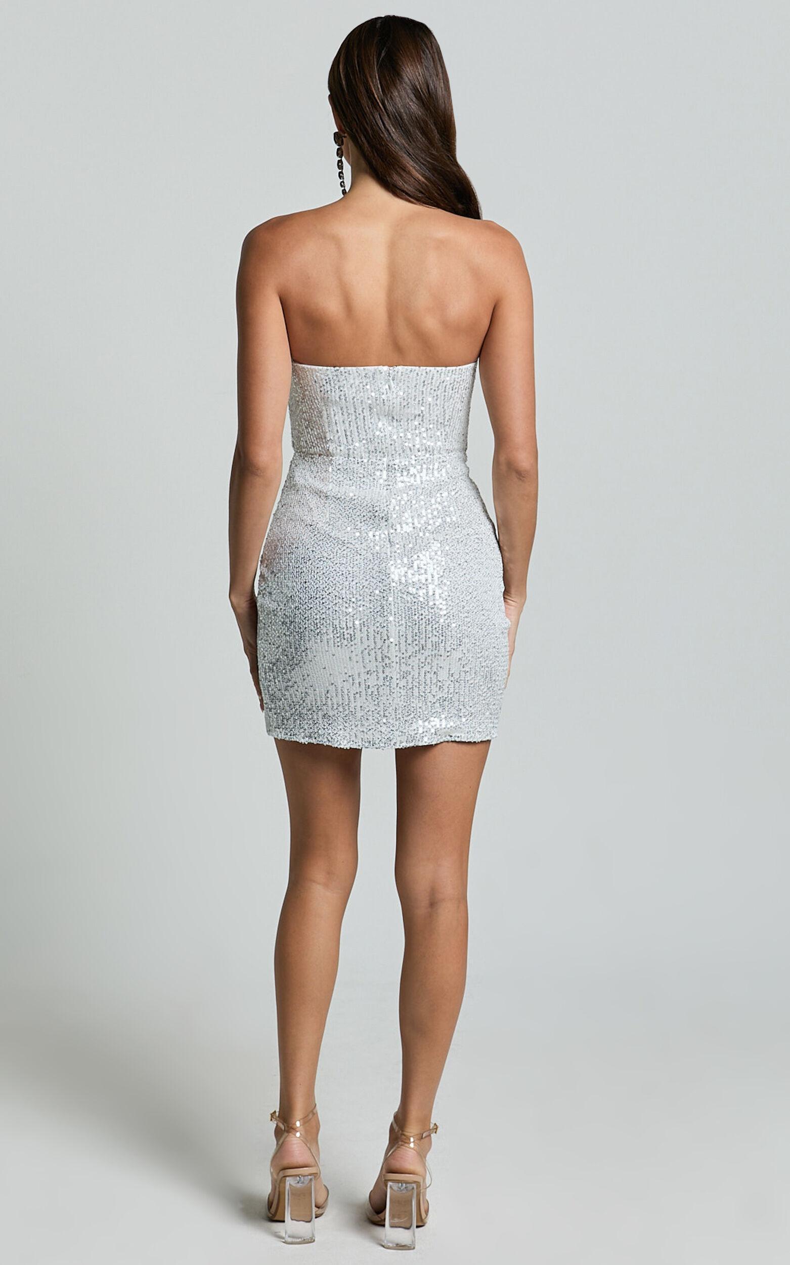 Akhira Mini Dress - Corset Detail Strapless Sequin Dress in Silver Product Image