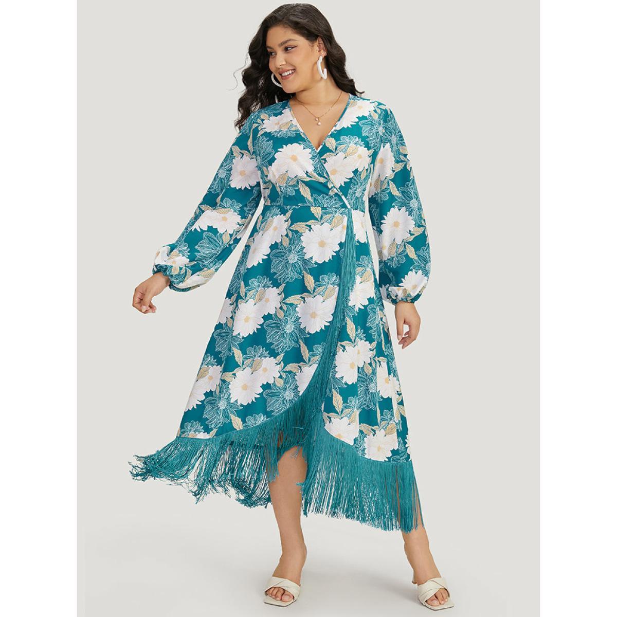 Plus Size Floral Print Wrap Tassel Trim Lantern Sleeve Dress Cerulean Women Elegant Elastic cuffs V-neck Long Sleeve Curvy Midi Dress BloomChic 12/L Product Image
