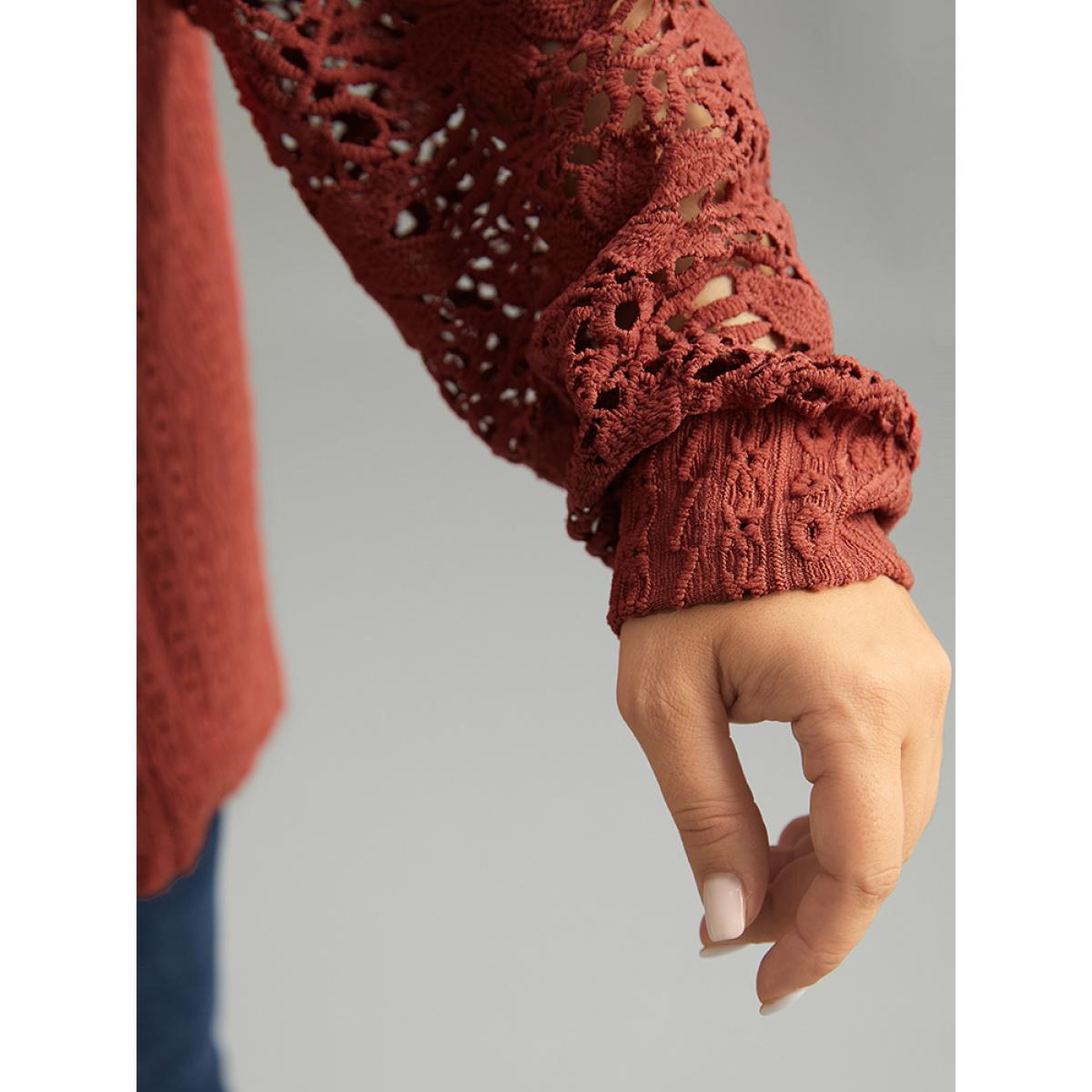 Plus Size Solid Plisse Guipure Lace T-shirt Rust Women Elegant Elastic cuffs Plain Round Neck Dailywear T-shirts BloomChic 12/L Product Image