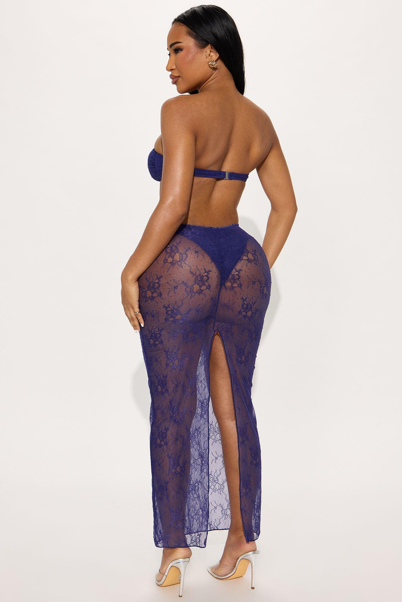 Lover's Touch Lace & Bows 3 Piece Bikini Skirt Set - Navy Product Image