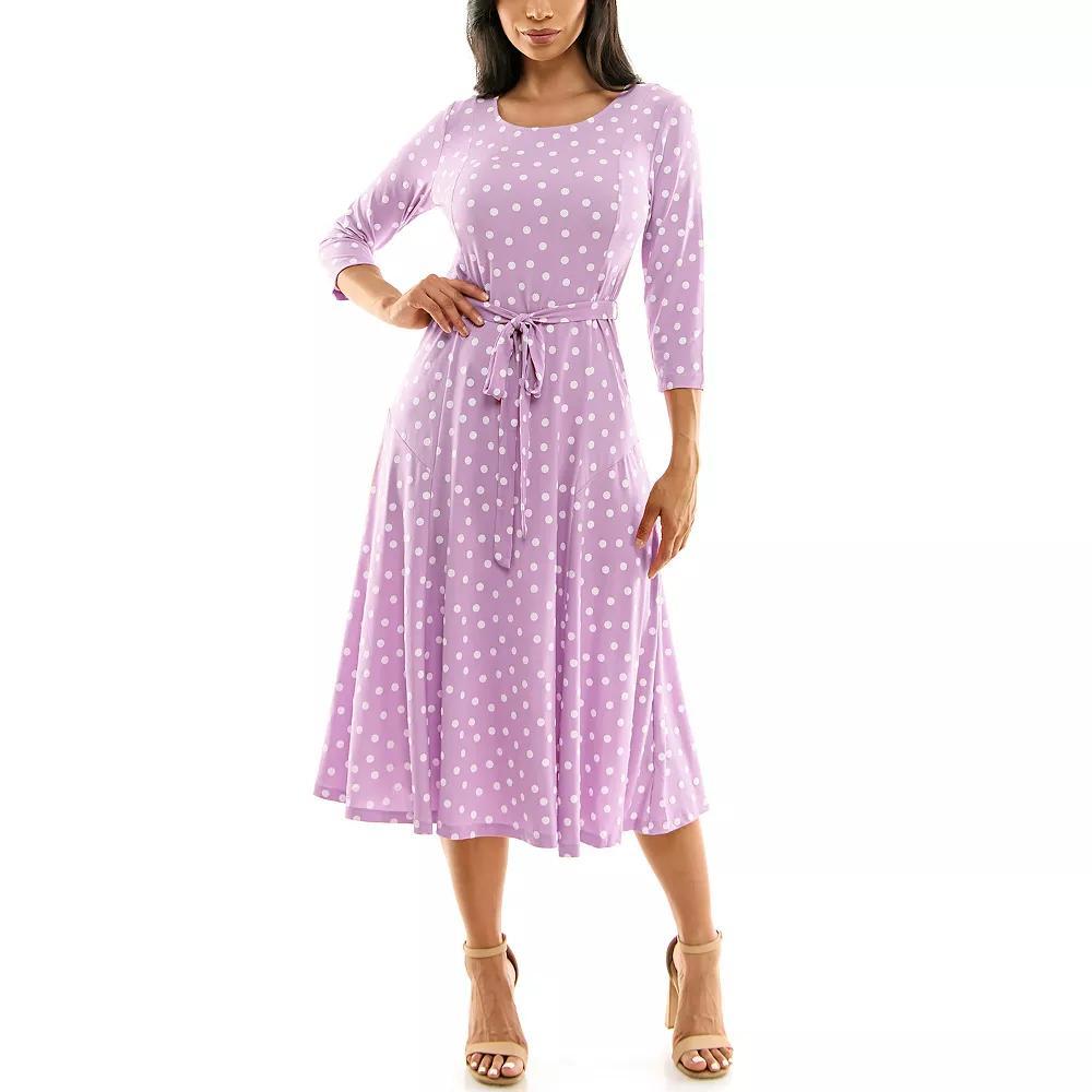 Women's Nina Leonard Belted 3/4 Sleeve Print Midi Dress, Size: Medium, Dusty Pink Product Image