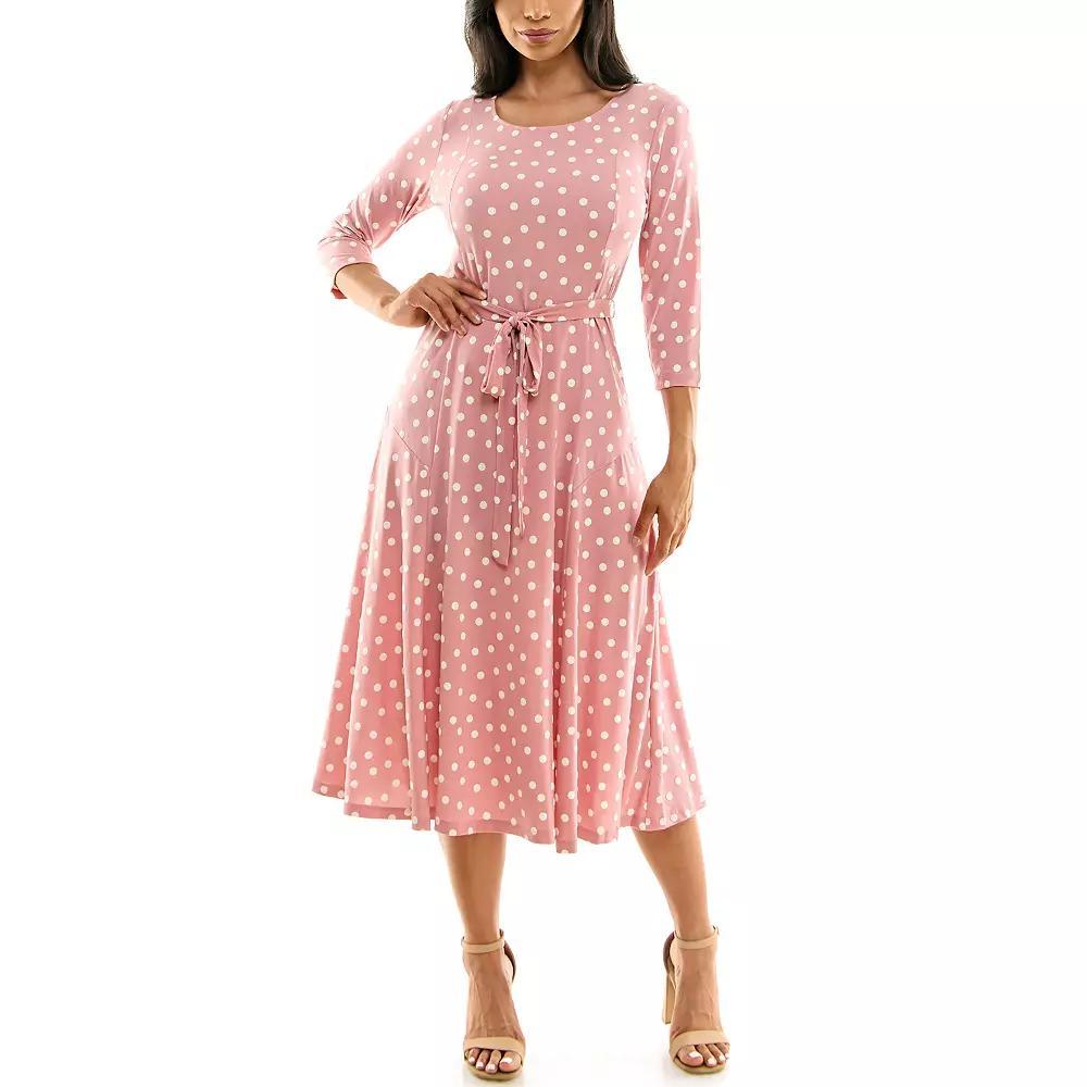 Women's Nina Leonard Belted 3/4 Sleeve Print Midi Dress, Size: Medium, Dusty Pink Product Image