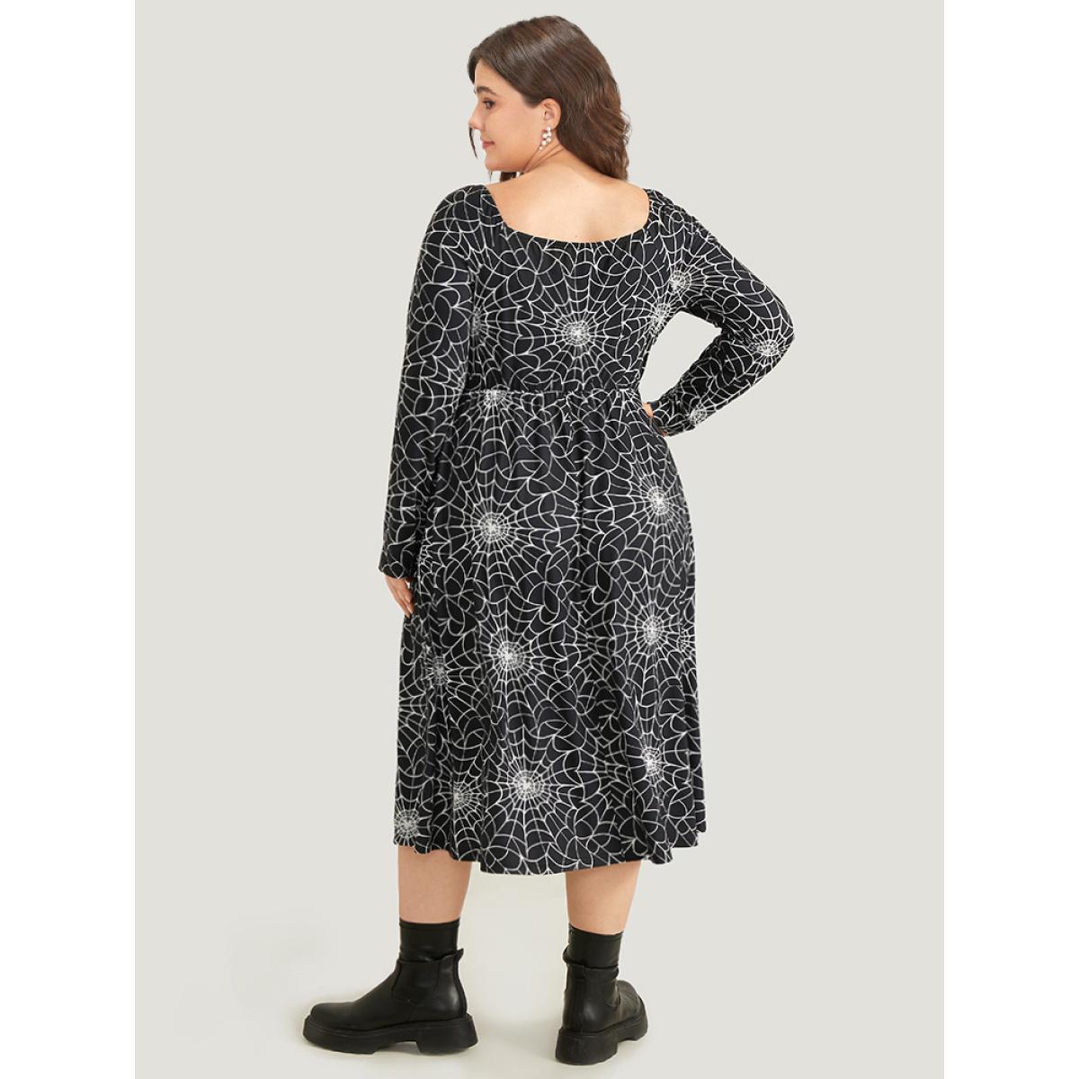 Plus Size Halloween Spider Web Pocket Square Neck Dress Black Women Casual Gathered Square Neck Long Sleeve Curvy Midi Dress BloomChic 18-20/2X Product Image