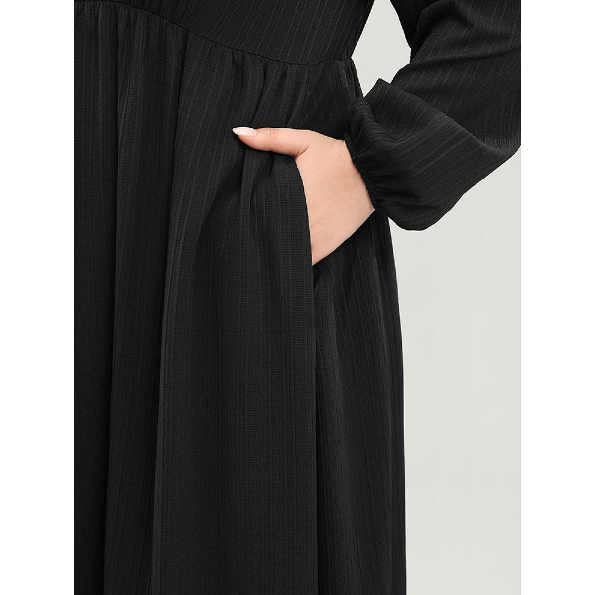 Plus Size Solid Lantern Sleeve Pocket Textured Ties Up Flutter Dress Black Women Office V-neck Long Sleeve Curvy Midi Dress BloomChic 18-20/2X Product Image
