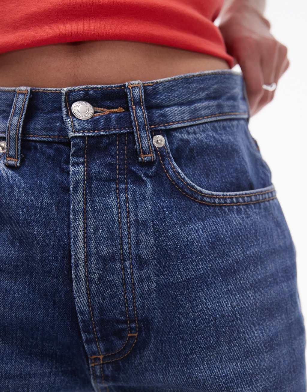 Topshop Kort high rise straight jean in mid blue Product Image