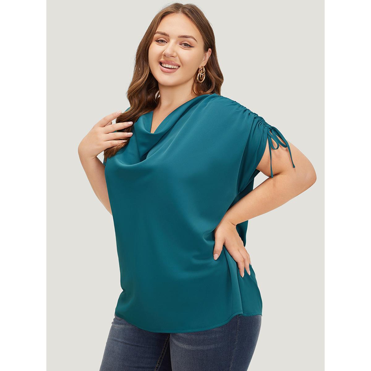 Plus Size Aegean Solid Cowl Neck Drawstring Sleeve Blouse Women Office Short sleeve Cowl Neck Work Blouses BloomChic 28/5X Product Image
