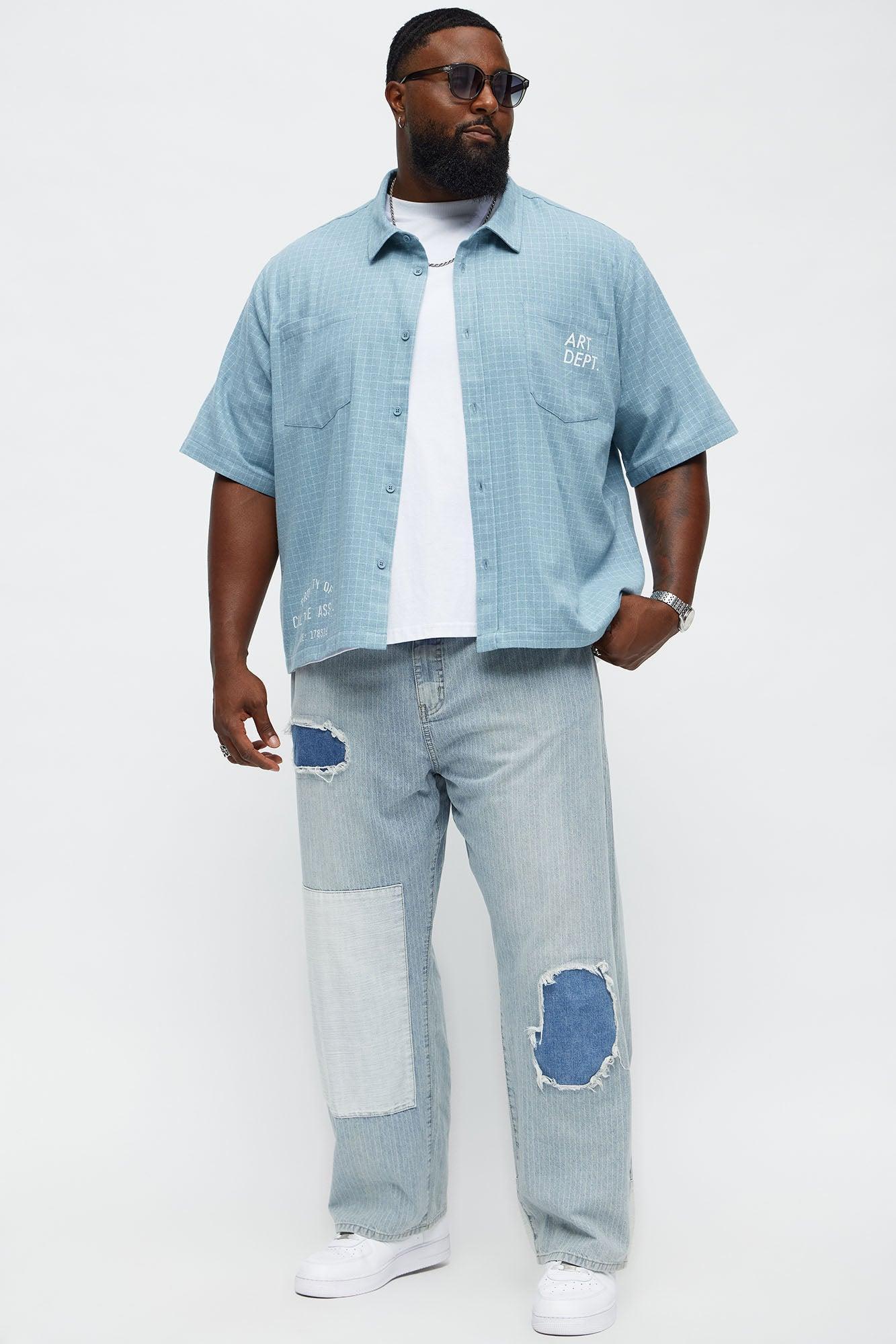 Baggy Contrast Distressed Jeans - Medium Blue Wash Product Image
