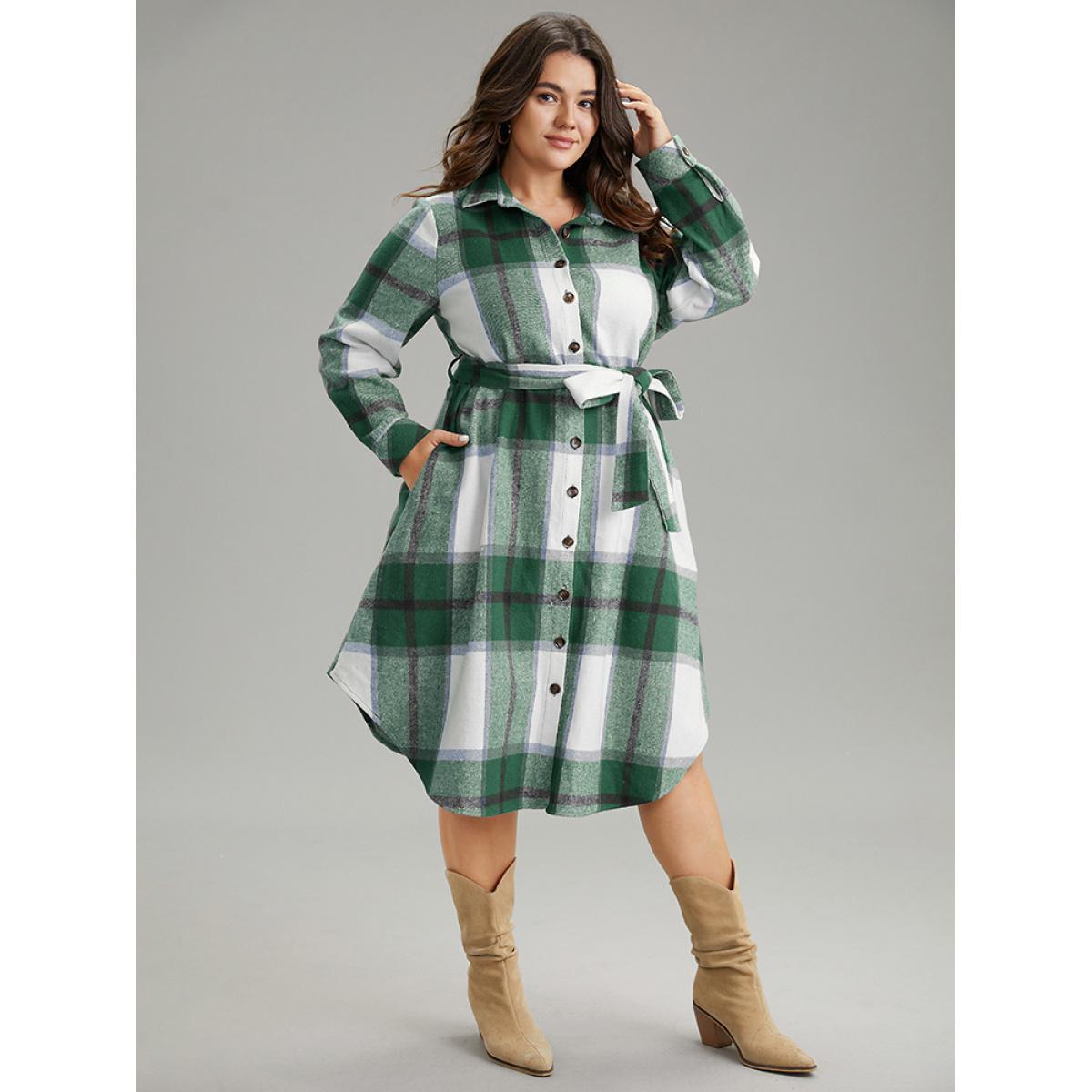 Plus Size Plaid Shirt Collar Button Through Belted Dress DarkGreen Women Casual Belted Shirt collar Long Sleeve Curvy Midi Dress BloomChic 22-24/3X Product Image
