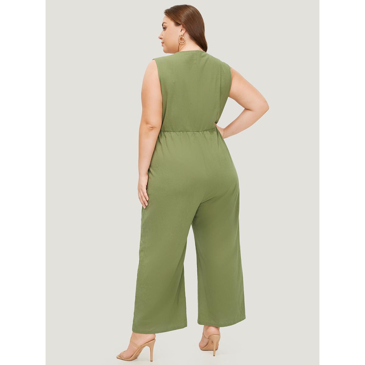 Plus Size Sage Plain Pocket Button Through Tank Jumpsuit Women Office Sleeveless V-neck Work Loose Jumpsuits BloomChic 18-20/2X Product Image