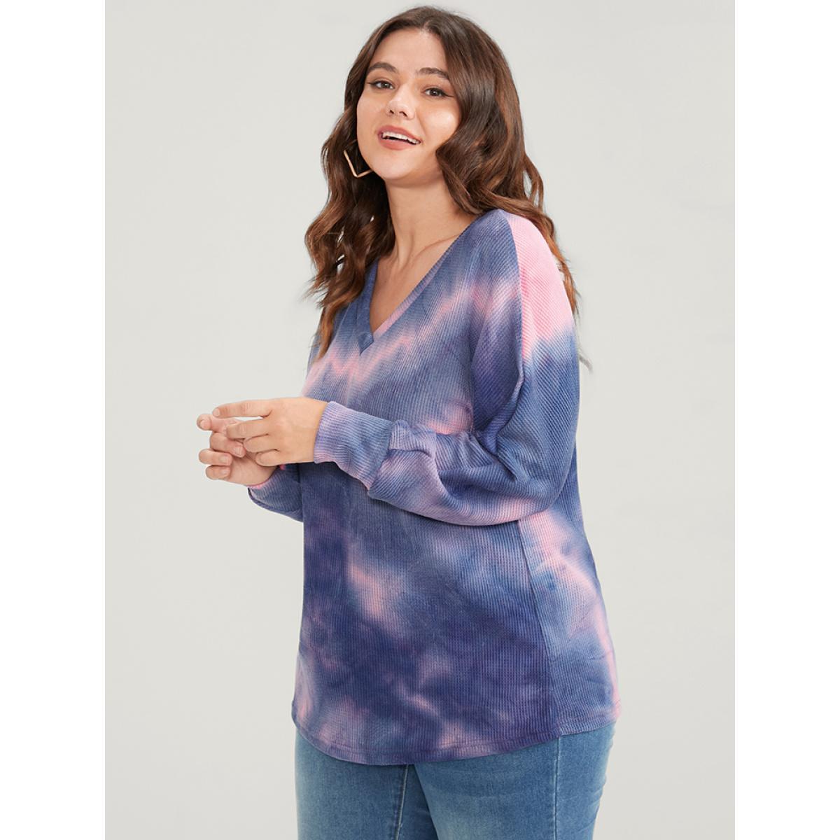 Plus Size Tie Dye Dolman Sleeve Waffle Knit Drop Shoulder Sweatshirt Women Indigo Casual Tie Dye Loose V-neck Dailywear Sweatshirts BloomChic 28/5X Product Image