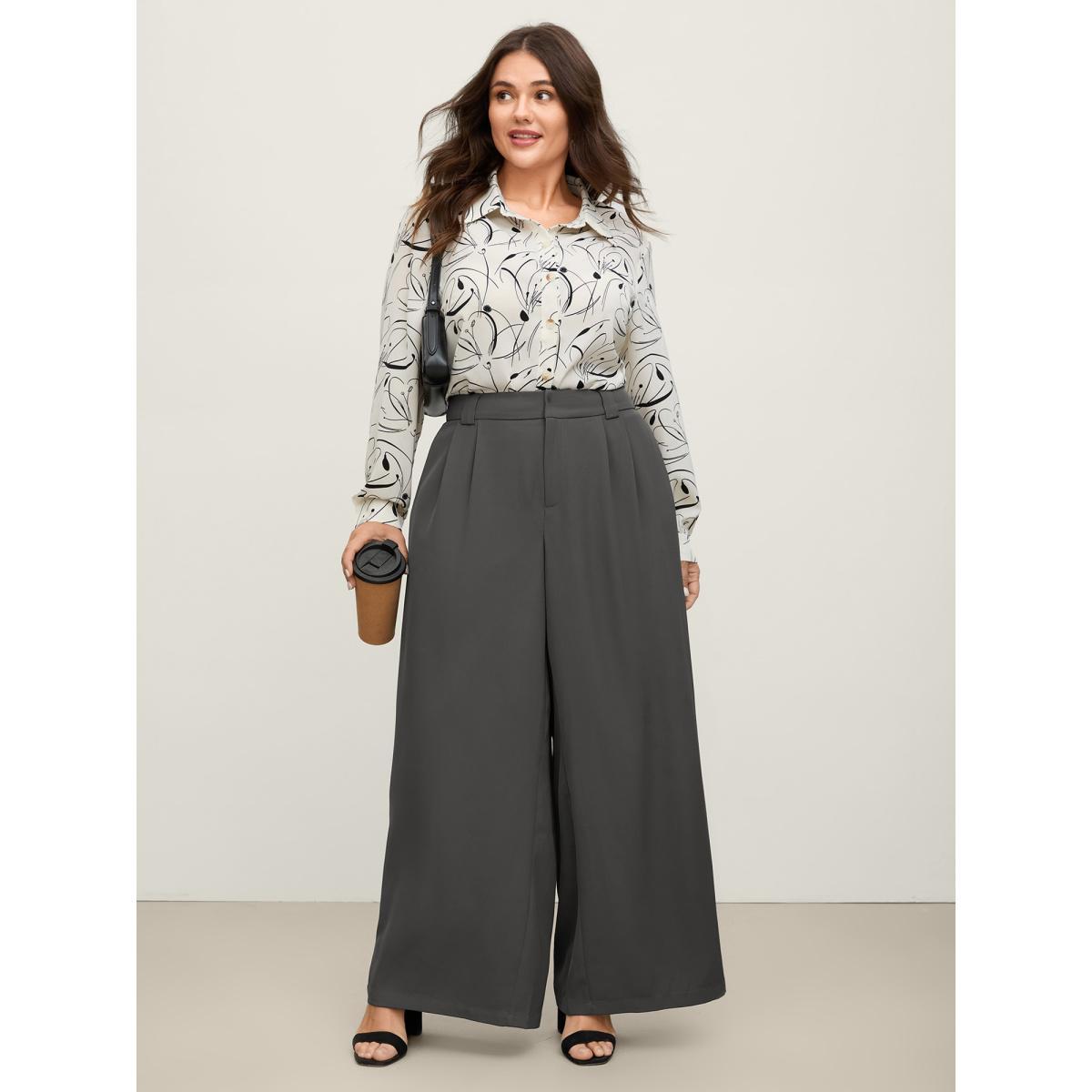 Plus Size Stretchy Waist Pleated Wide-Leg Pants Women DimGray Loose Mid Rise Work Pants BloomChic 14-16/1X Product Image