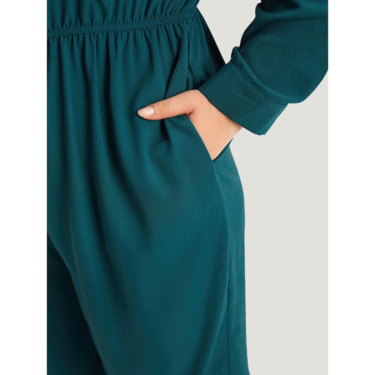 Plus Size Aegean Notched Zipper Gathered Drawstring Jumpsuit Women Office Long Sleeve Notched collar Work Loose Jumpsuits BloomChic 12/L Product Image