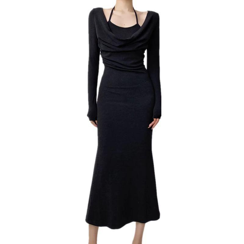 Mock Two-Piece Long-Sleeve Halter Cowl Neck Plain Midi Sheath Dress Product Image