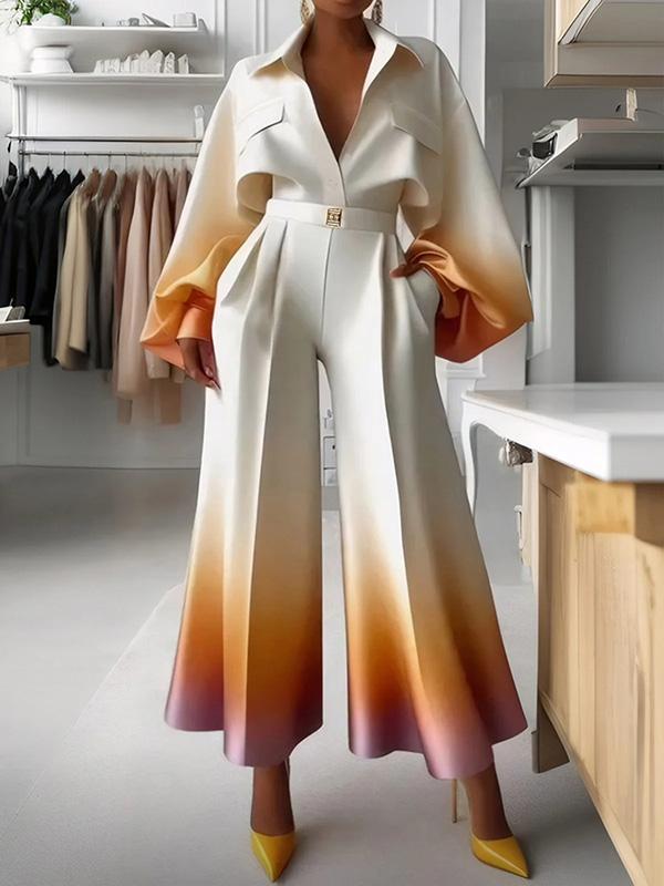 Loose Puff Sleeves Gradient Split-Joint Lapel Blouses&Shirts Tops Product Image
