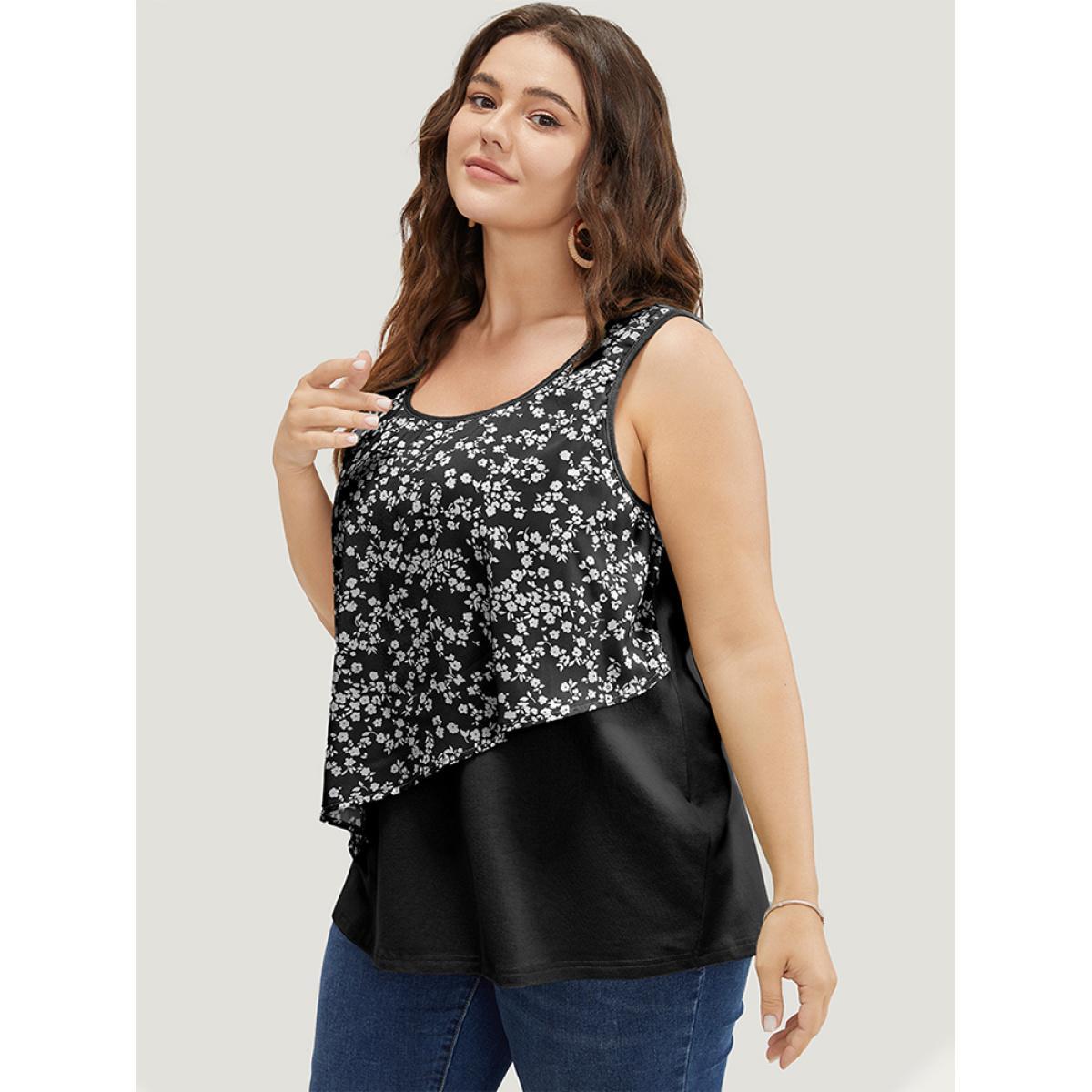 Plus Size Ditsy Floral Patchwork Tank Top Women Black Elegant Patchwork Round Neck Dailywear Tank Tops Camis BloomChic 14-16/1X Product Image