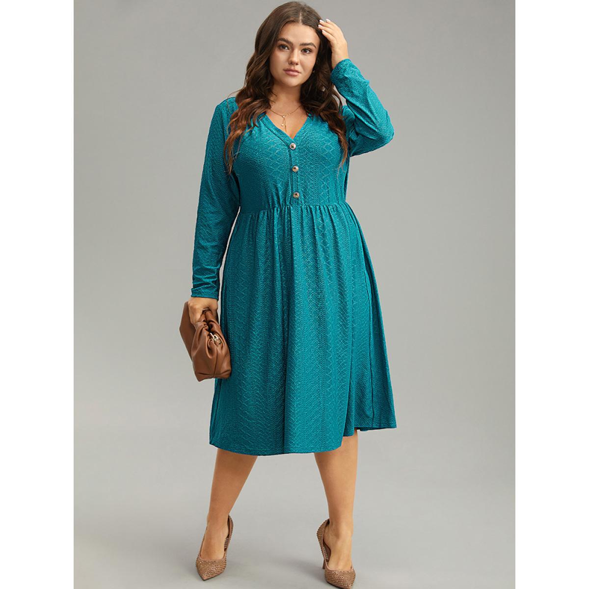 Plus Size Plain Textured Metal Detail V Neck Dress Cerulean Women Office Texture V-neck Long Sleeve Curvy Midi Dress BloomChic 12/L Product Image