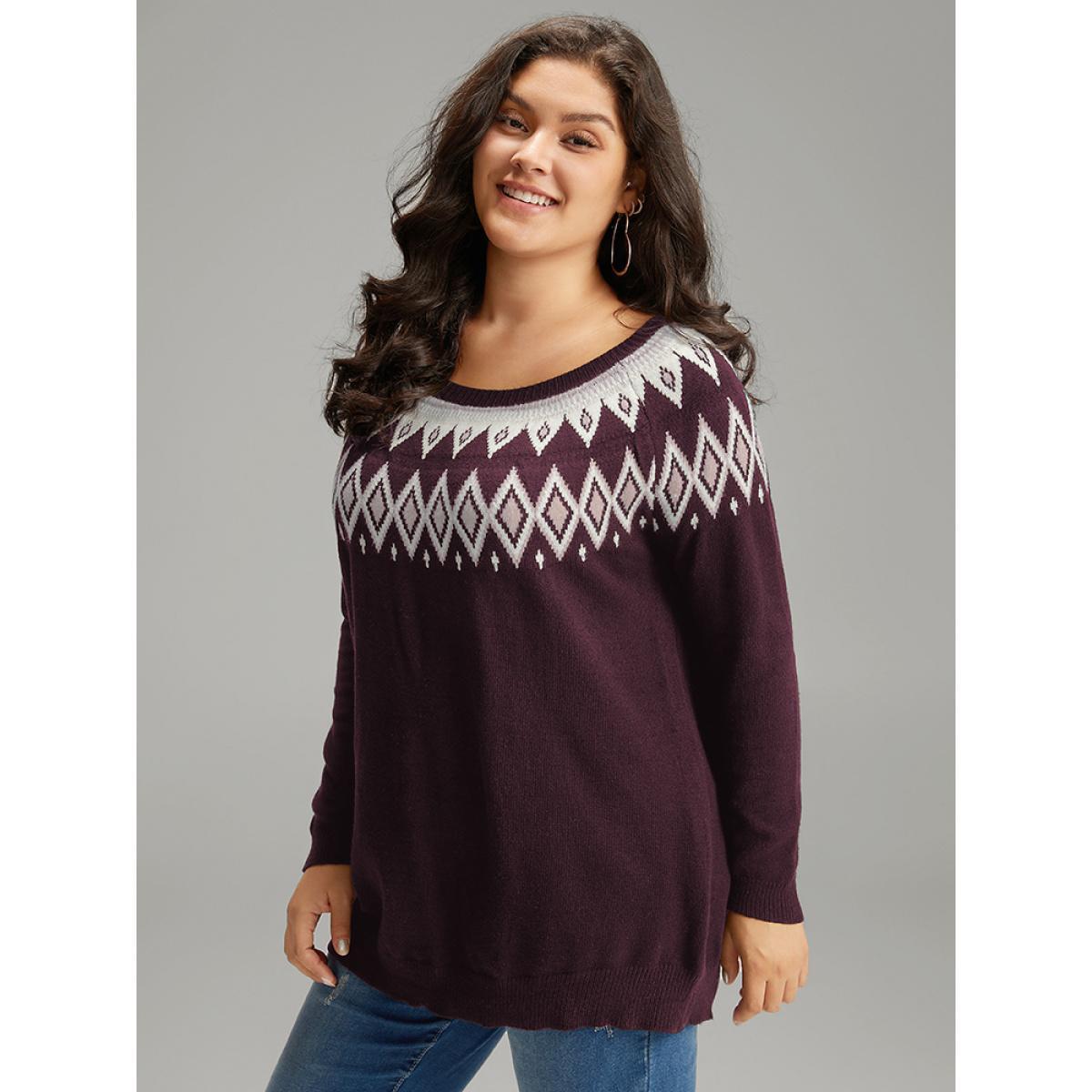 Plus Size Supersoft Essentials Geo Contrast Raglan Sleeve Pullover Eggplant Women Casual Loose Long Sleeve Round Neck Dailywear Pullovers BloomChic 22-24/3X Product Image