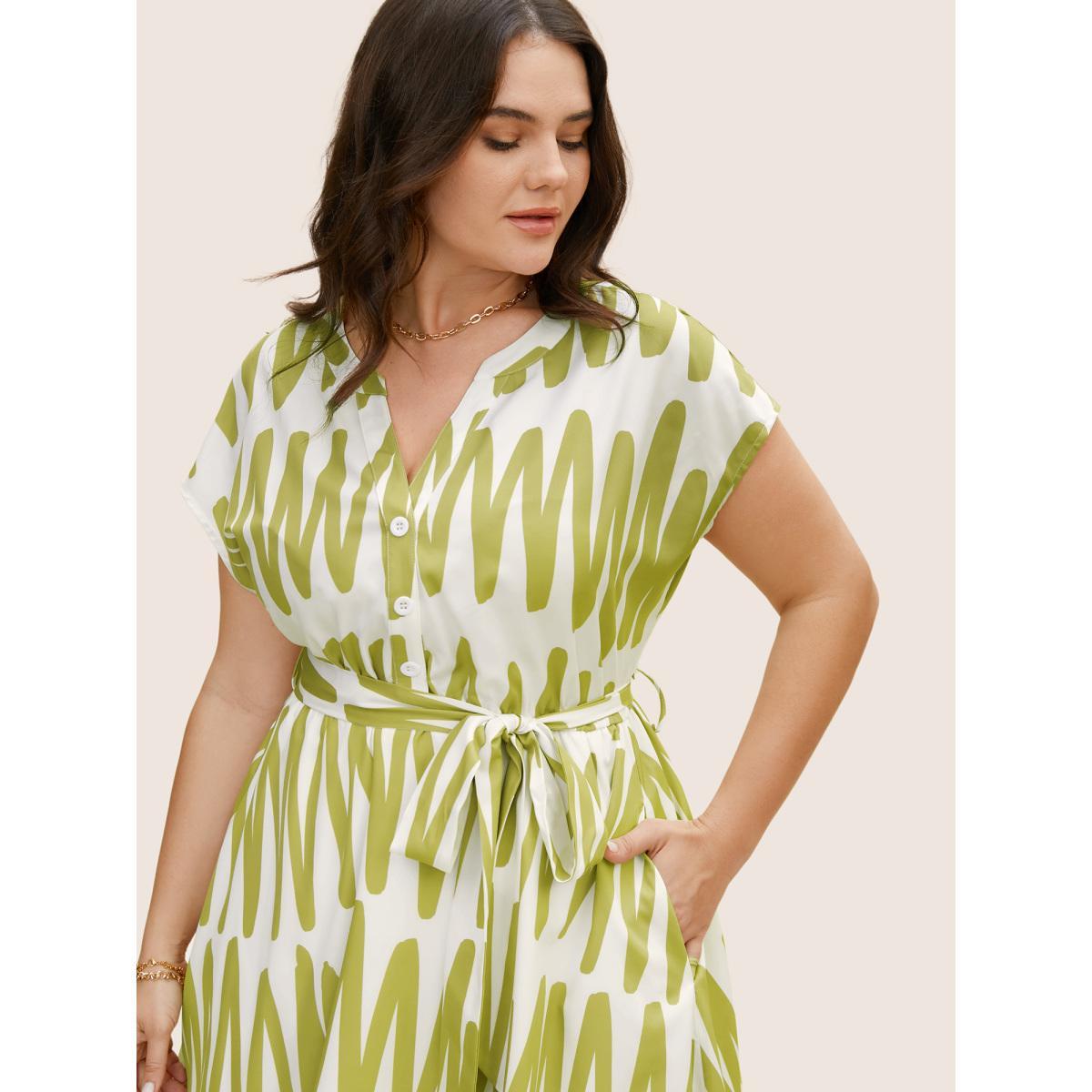 Plus Size Notched Striped Elastic Waist Split Hem Midi Dress Moss Women At the Office Belted Shirt collar Cap Sleeve Curvy BloomChic 10/M Product Image