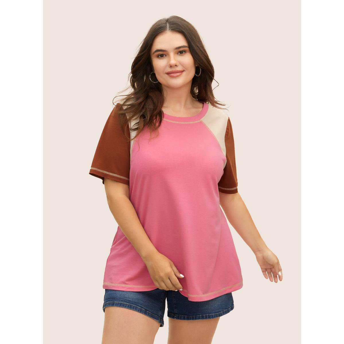Plus Size Round Neck Contrast Patchwork Quilted T-shirt Beanpastepowder Women Casual Contrast Round Neck Everyday T-shirts BloomChic 22-24/3X Product Image