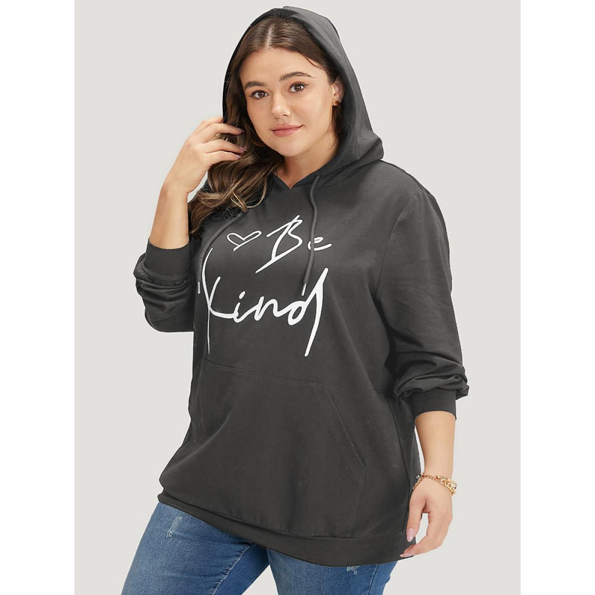 Plus Size Letter Print Pocket Drawstring Hooded Sweatshirt Women Gray Casual Elastic cuffs Dailywear Sweatshirts BloomChic 18-20/2X Product Image