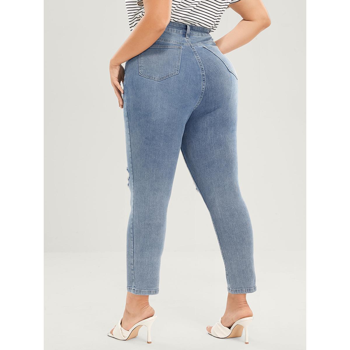 Plus Size Skinny Very Stretchy Mid Rise Light Wash Distressed Jeans Women Blue Casual Plain Distressed High stretch Pocket Jeans BloomChic 28/5X Product Image
