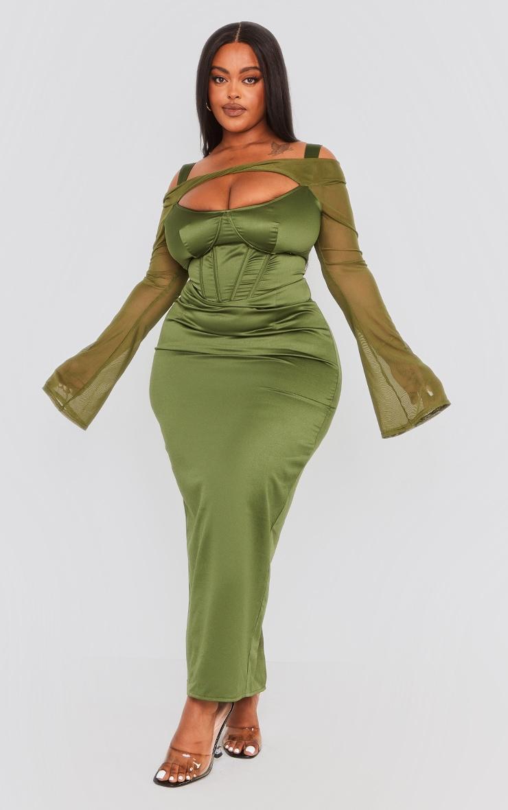 Plus Khaki Satin Corset Midi Dress Product Image