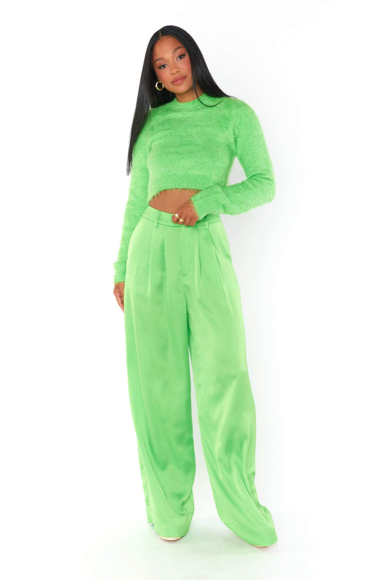 Cropped Varsity Sweater ~ Bright Green Fuzzy Knit Female Product Image