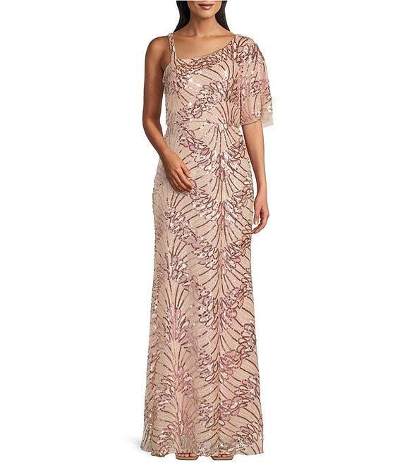 R & M Richards One Shoulder Embroidered Sequin Dress Product Image