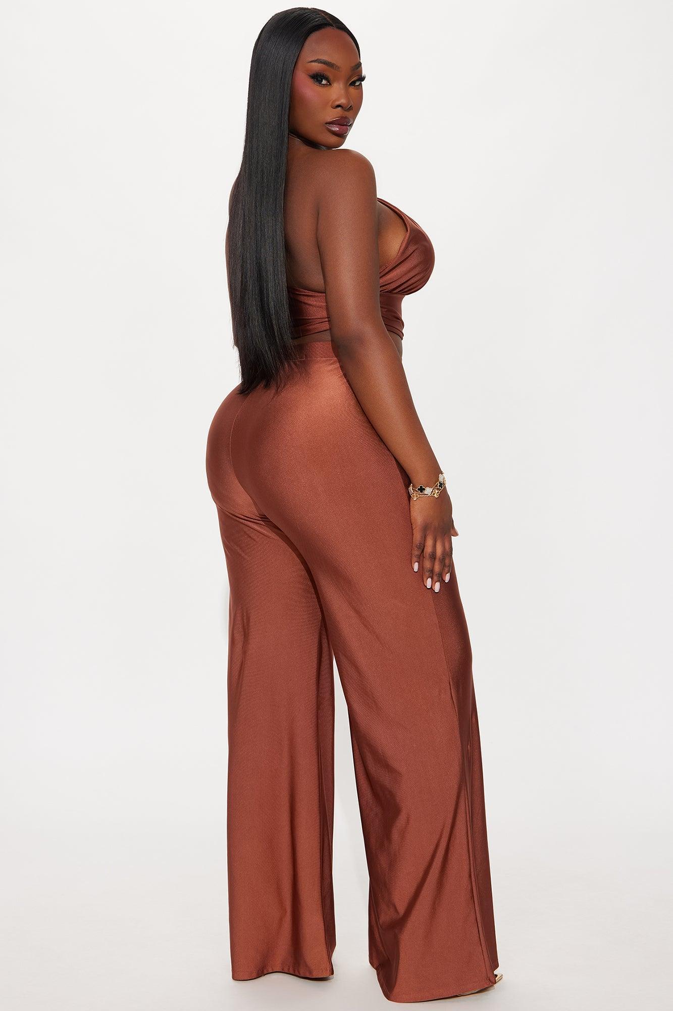 Sasha One Shoulder Wide Leg Pant Set - Brown Product Image