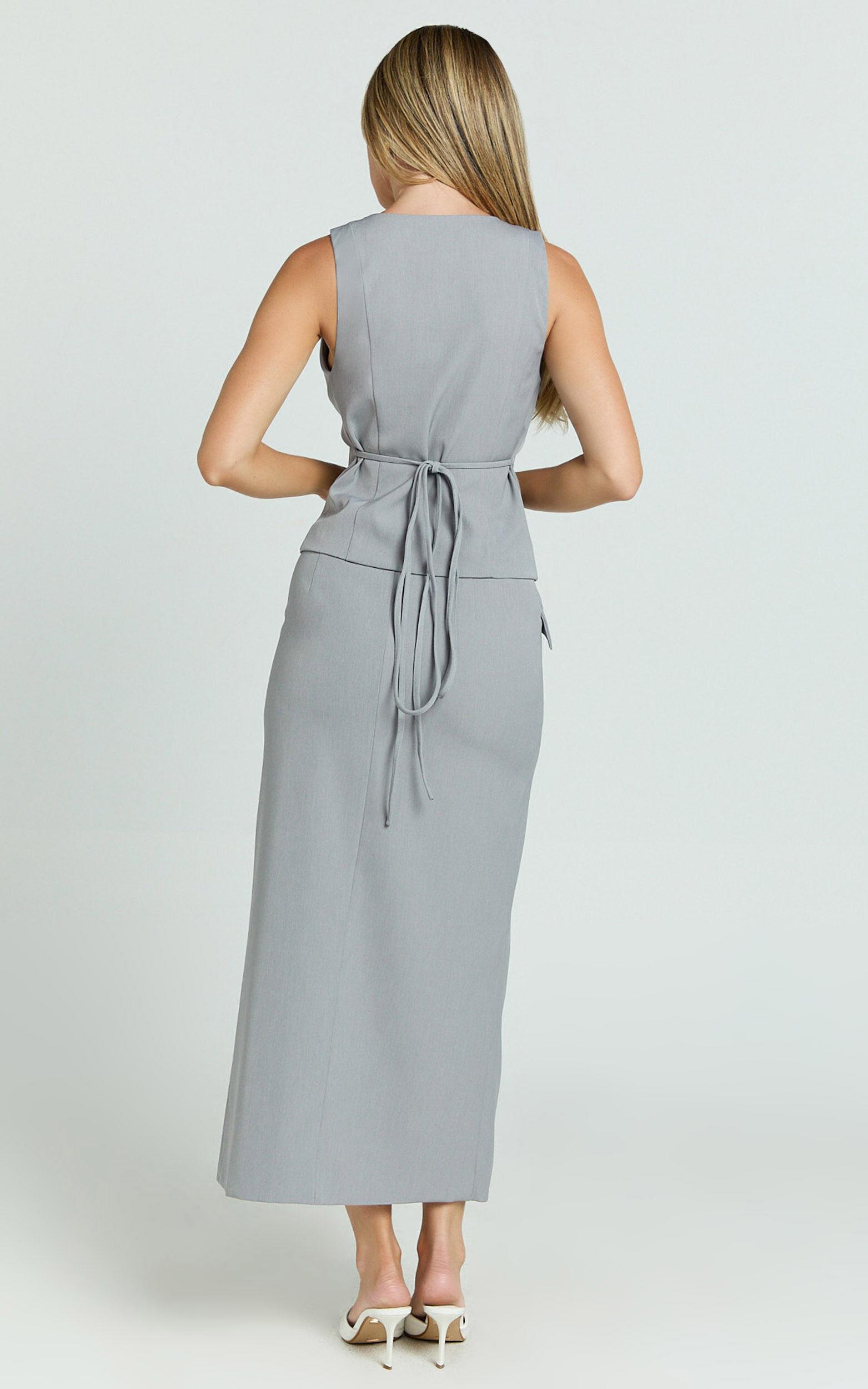 Baylee Midi Skirt - Wrap Front Side Split Skirt in Grey Product Image