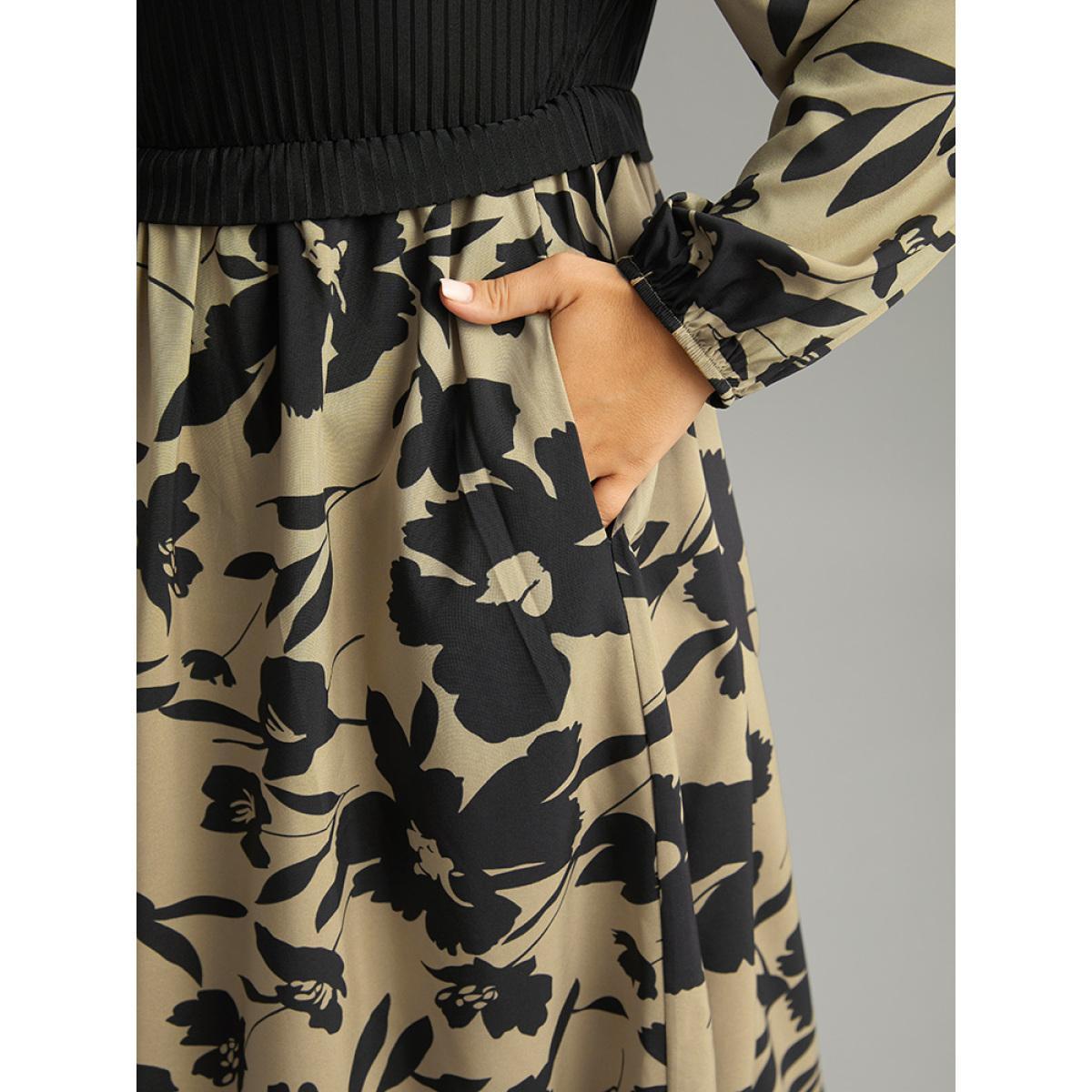 Plus Size Silhouette Floral Print Rib Knit Patchwork Dress LightBrown Women Elegant Elastic cuffs V-neck Long Sleeve Curvy Midi Dress BloomChic 28/5X Product Image