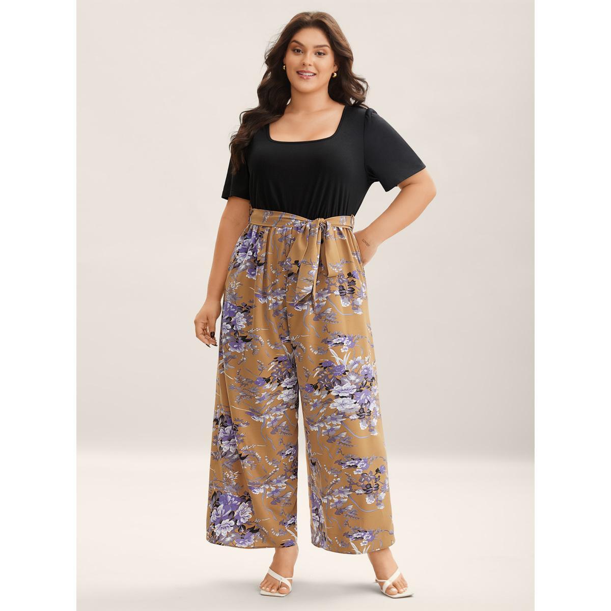 Plus Size Lightorange Color Contrast Belted Panel Pockets Jumpsuit Women Elegant Short sleeve Square Neck Everyday-Elegant Loose Jumpsuits BloomChic 10/M Product Image