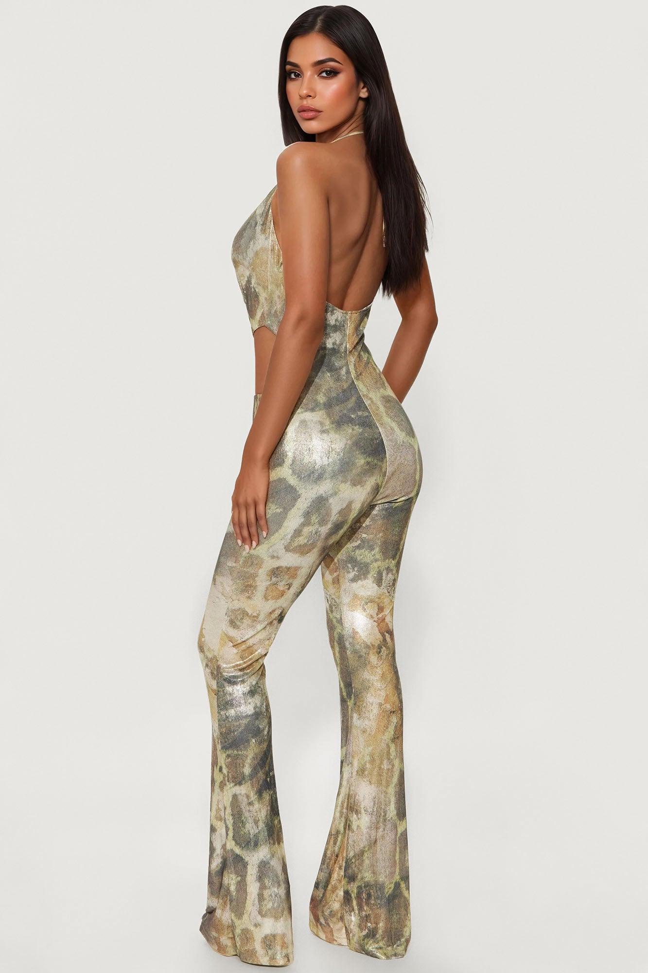 Allison Metallic Halter Jumpsuit - Olive/combo Product Image