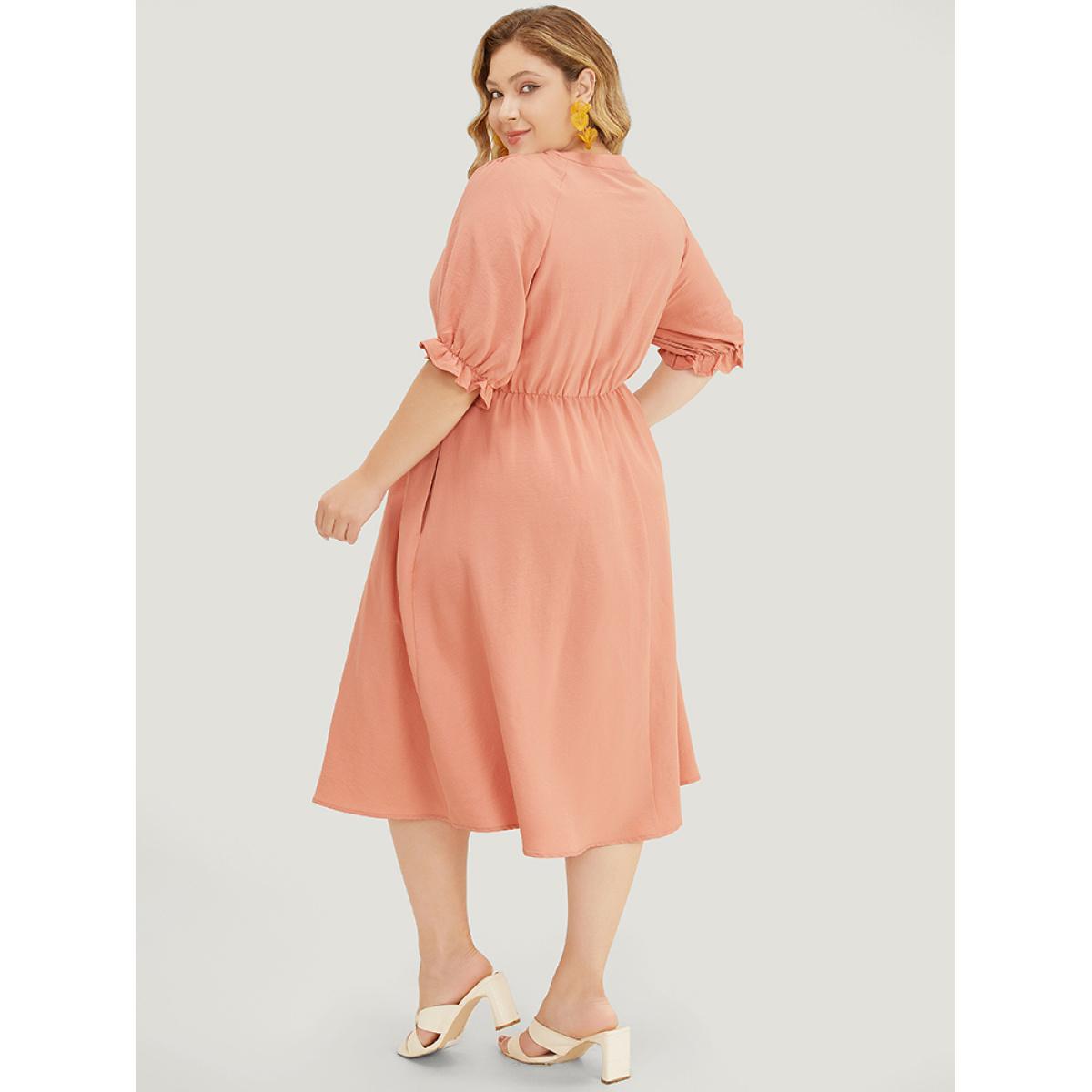 Plus Size Plain Ruffles Pocket Button Up Puff Sleeve Pleated Dress Salmon Women Office Pleated Round Neck Short sleeve Curvy Midi Dress BloomChic 26/4X Product Image