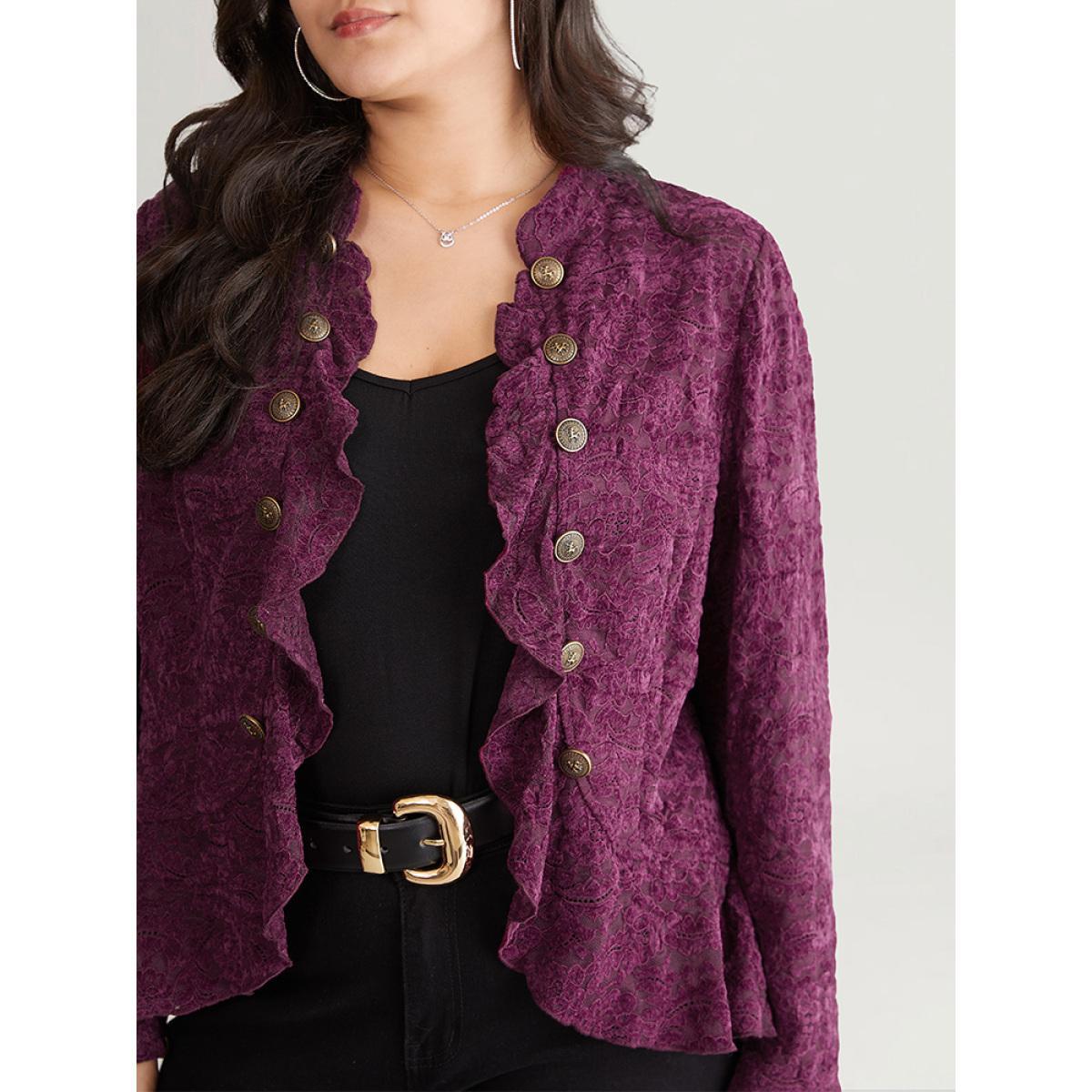 Plus Size Guipure Lace Ruffle Trim Buckle Detail Jacket Women Purple Plain Dailywear Jackets BloomChic 14-16/1X Product Image