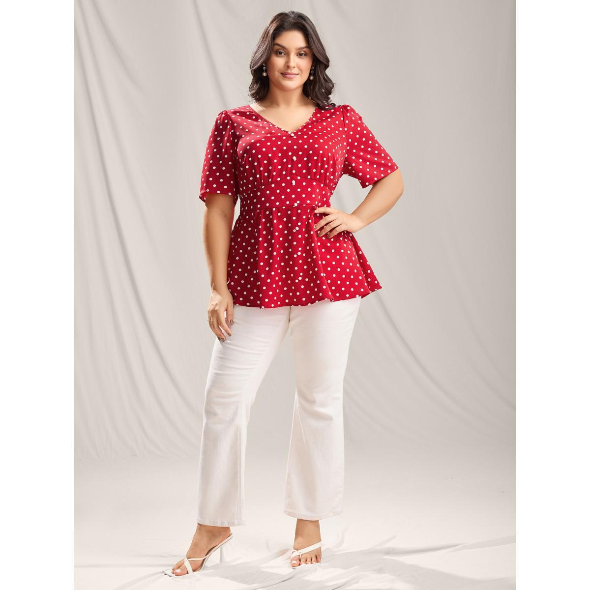 Plus Size Brightred Polka Dots Shirred Waist Blouse Women Short sleeve V-neck Everyday-Elegant Blouses BloomChic 30/6X Product Image