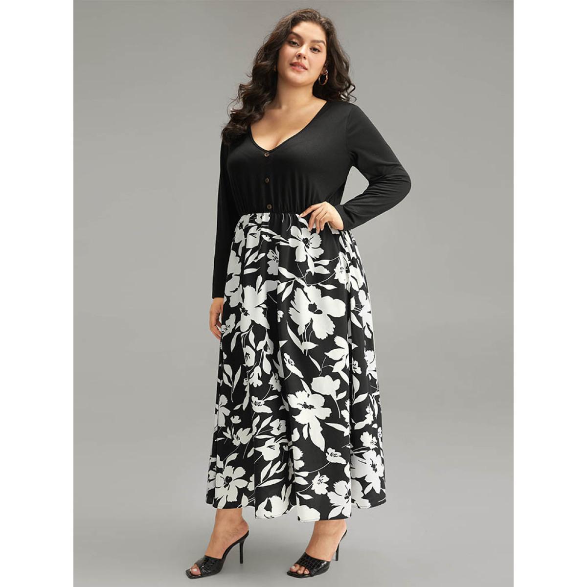 Plus Size Silhouette Floral Print Patchwork Button Detail Dress Black Women Elegant Printed V-neck Long Sleeve Curvy Midi Dress BloomChic 10/M Product Image