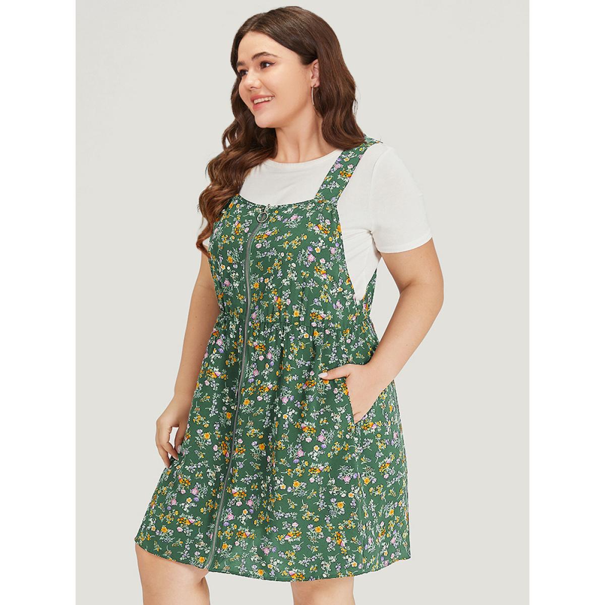 Plus Size Ditsy Floral Pocket Zipper Overall Cami Dress Green Women Casual Zipper Spaghetti Strap Sleeveless Curvy Knee Dress BloomChic 30/6X Product Image