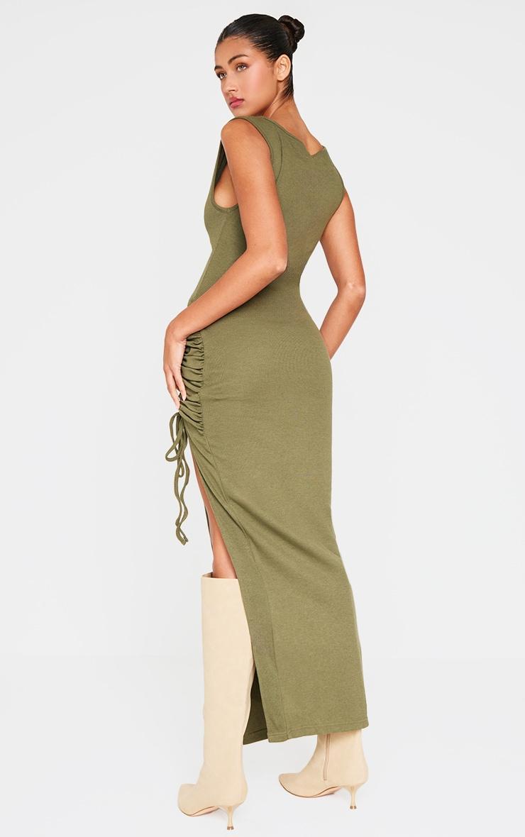 Khaki Side Split Ruched Sleeveless Maxi Dress Product Image