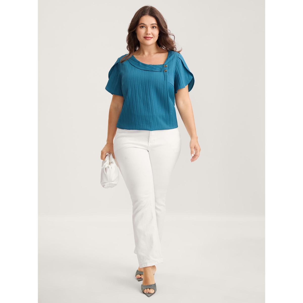 Plus Size Cerulean Textured Petal Sleeve Asymmetrical Neck Blouse Women Short sleeve Non Work Blouses BloomChic 26/4X Product Image