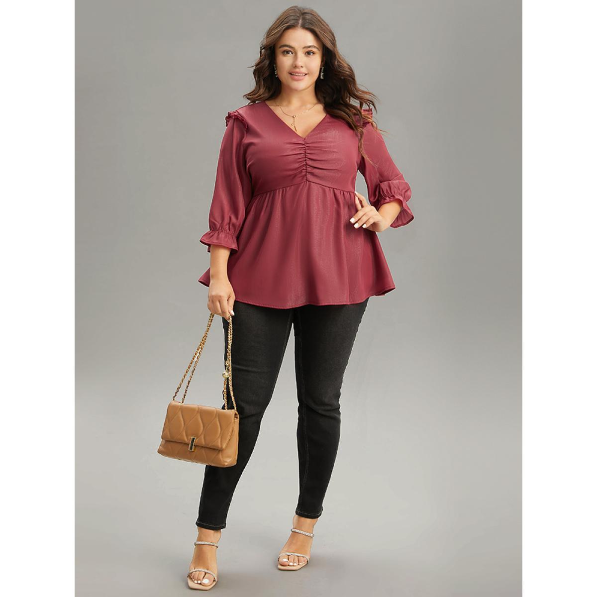 Plus Size Scarlet Solid Frill Trim Ruched Elastic Waist Blouse Women Glamour Elbow-length sleeve V-neck Festival-Christmas Blouses BloomChic 26/4X Product Image