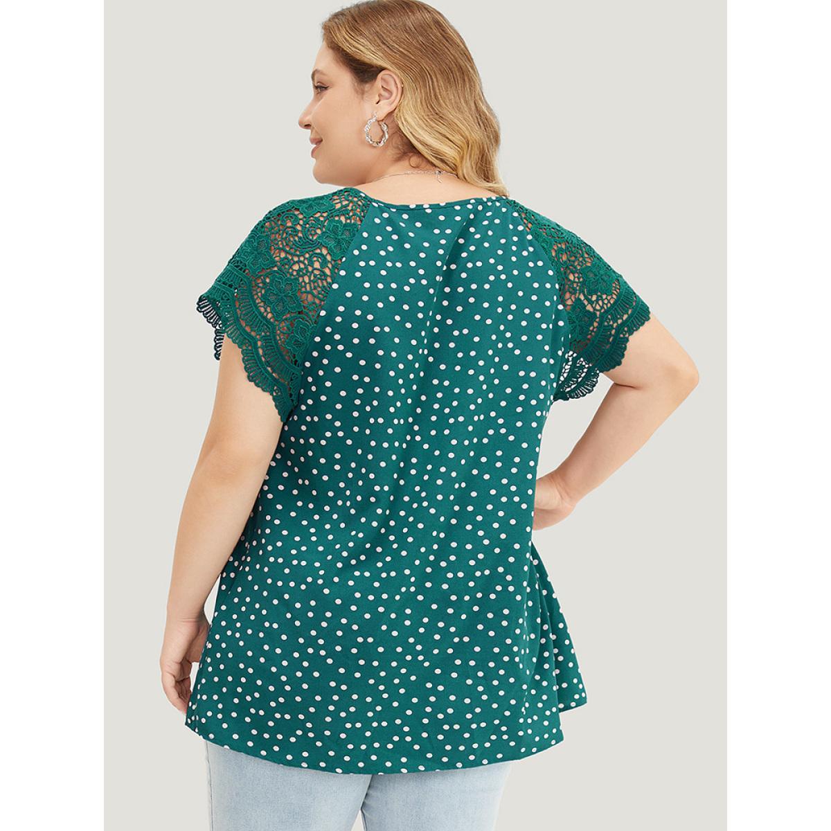 Plus Size Emerald Polka Dot Pleated Detail Lace Raglan Sleeve Blouse Women Elegant Short sleeve Round Neck Dailywear Blouses BloomChic 30/6X Product Image