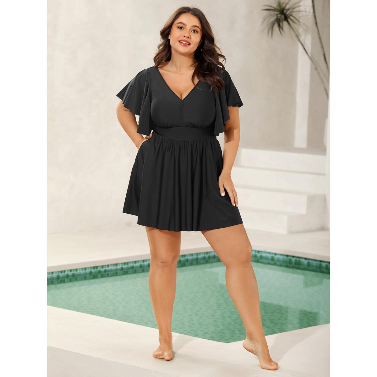 Plus Size Ruffled Sleeve Fit and Flare Swim Dress Women's Swimwear Black Beach Bodycon V-neck High stretch Curve Swim Dresses BloomChic 14-16/1X Product Image