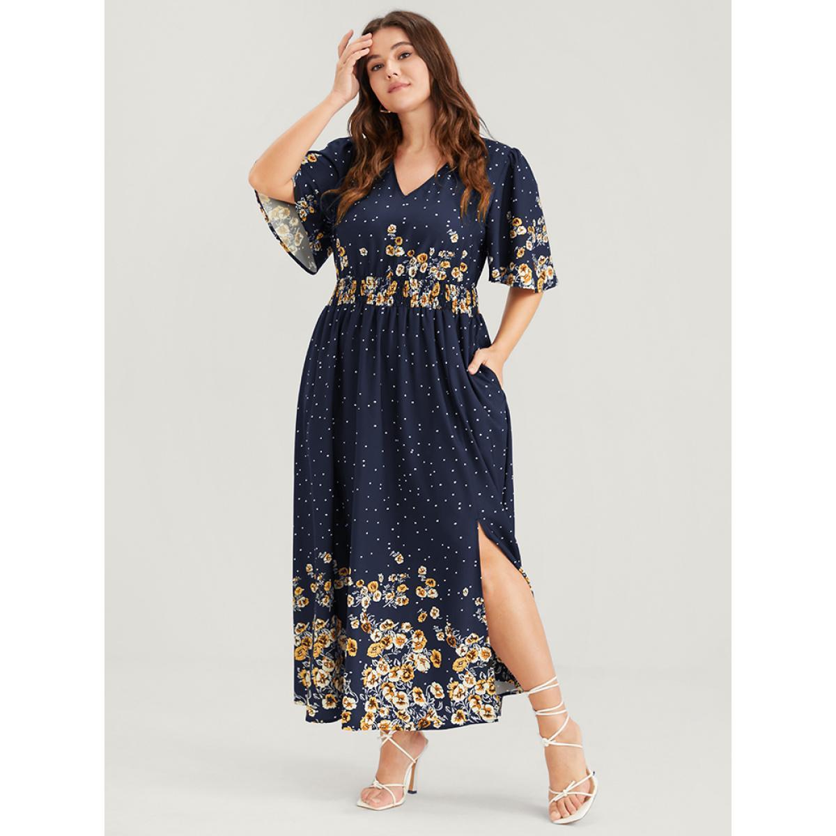 Plus Size Floral Pocket Split Hem Flutter Shirred Maxi Dress Navy Women Casual Printed V-neck Half Sleeve Curvy Midi Dress BloomChic 30/6X Product Image