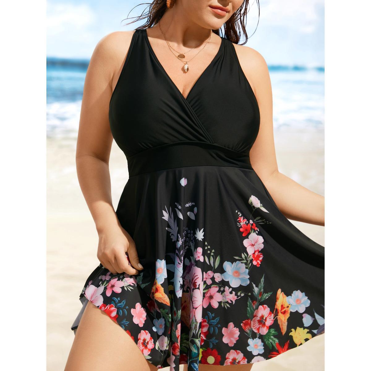 Plus Size Overlap Collar Natural Flowers Gathered Swim Dress Women's Swimwear Black Beach Bodycon Overlap Collar High stretch Curve Swim Dresses BloomChic 28/5X Product Image