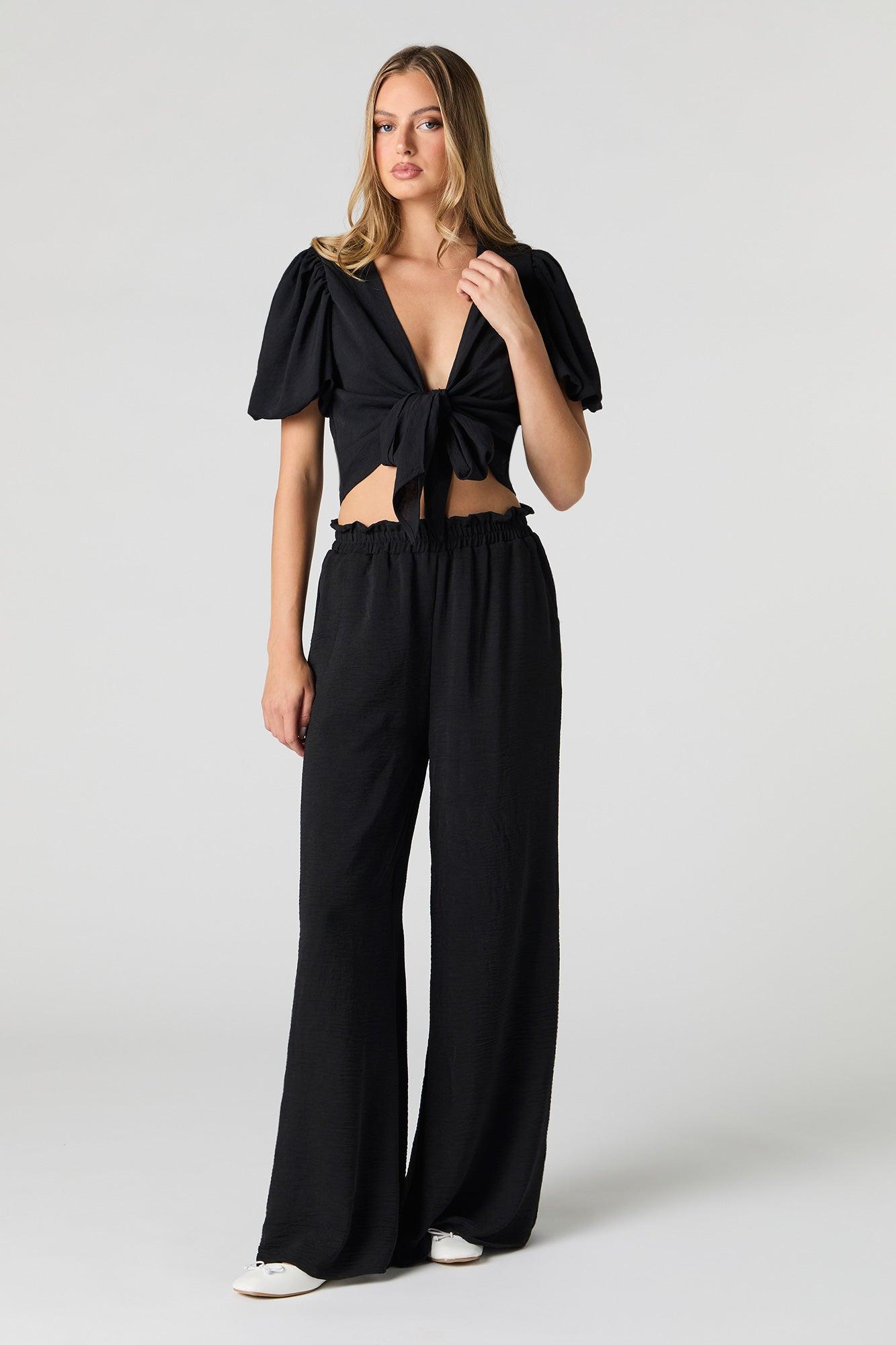 Tie Front Puff Sleeve Crop Top Female Product Image