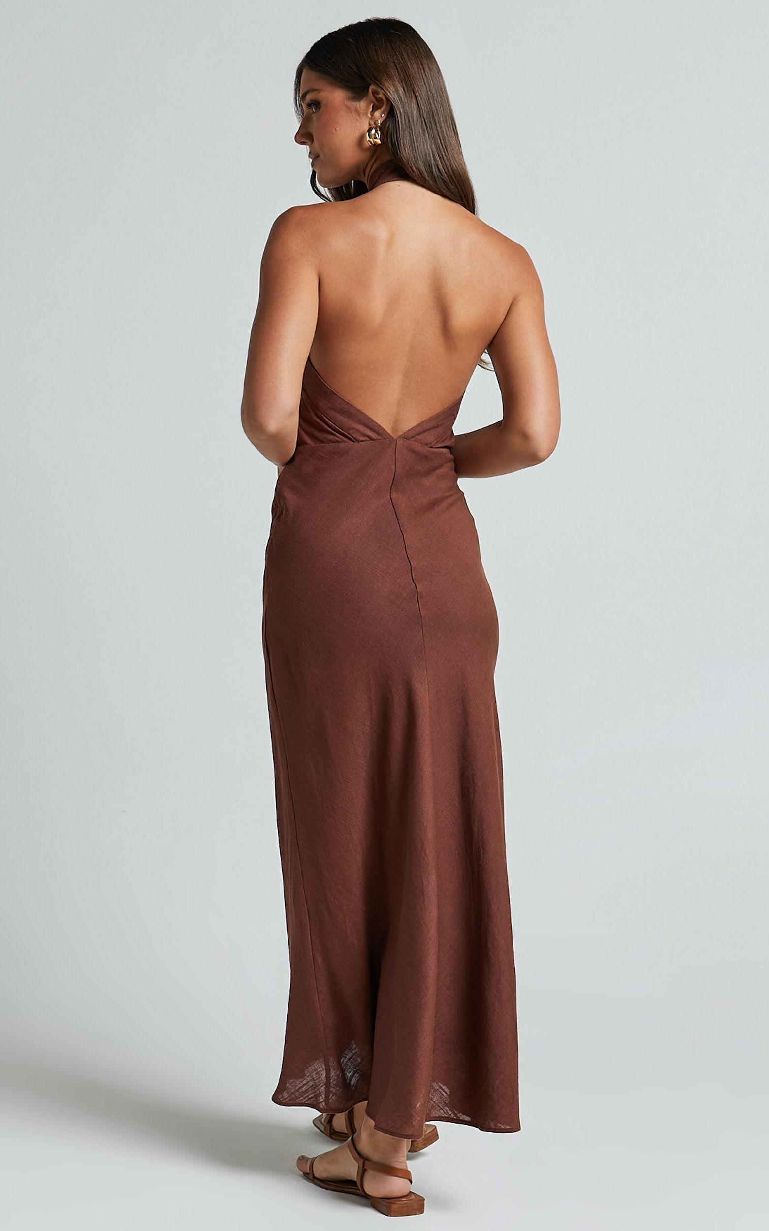 Maelynn Midi Dress - Linen Twist Halter Neck Low Back Slip Dress in Chocolate Product Image