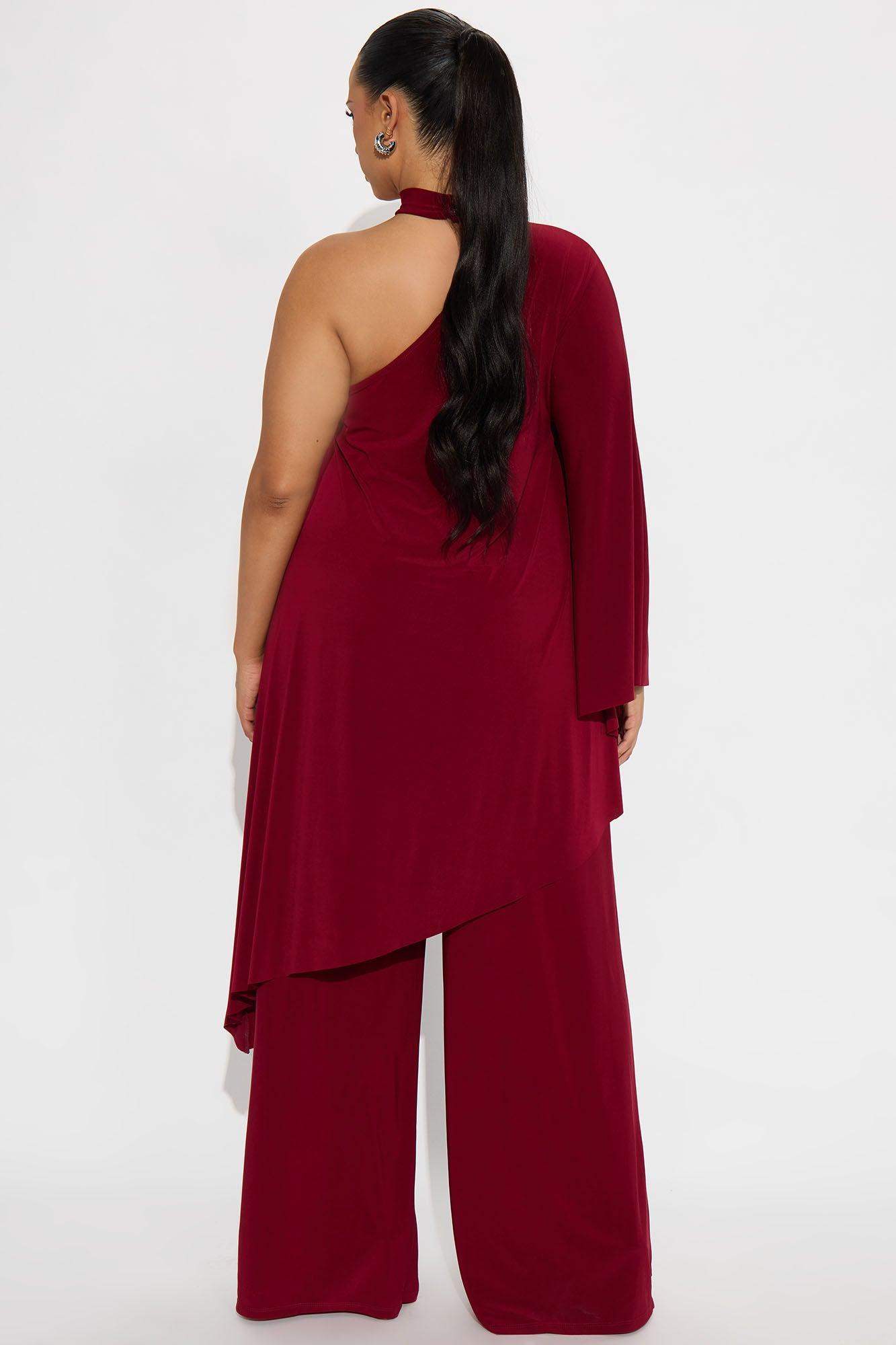 Draped Devotion One Shoulder Pant Set  - Burgundy Product Image
